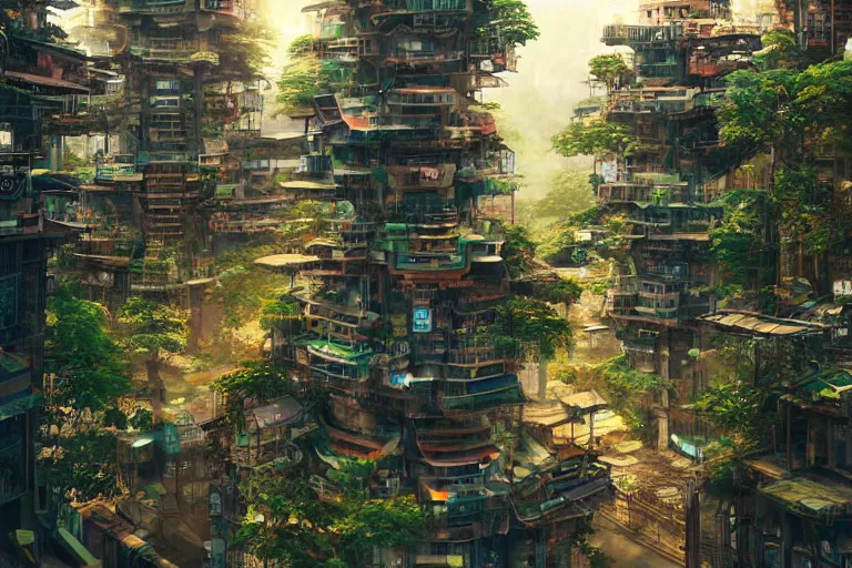 Image similar to solarpunk kowloon walled forest city, still from studio ghibli anime movie, cyberpunk tree house, digital art, artgerm, trending on artstation