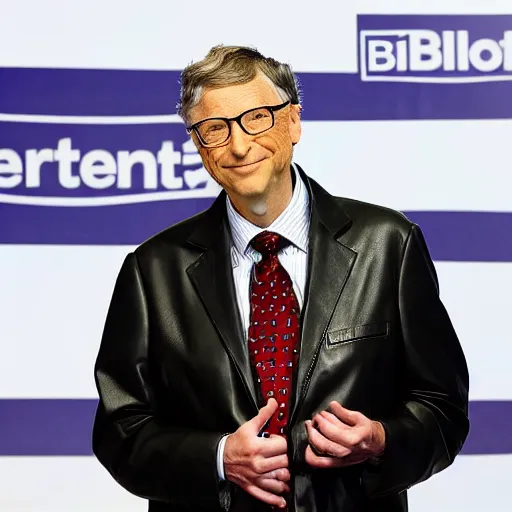 Prompt: Bill Gates wearing a leather jacket at a press conference