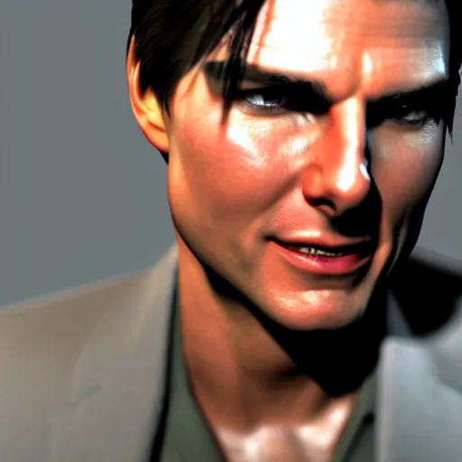 Image similar to Tom Cruise as a Square Enix Villain 2005 JRPG cinema 4d render, Ray tracing reflection, natural lighting, Unreal Engine award winning photography