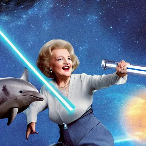 Prompt: betty white dual wielding lightsabers riding a dolphin through space