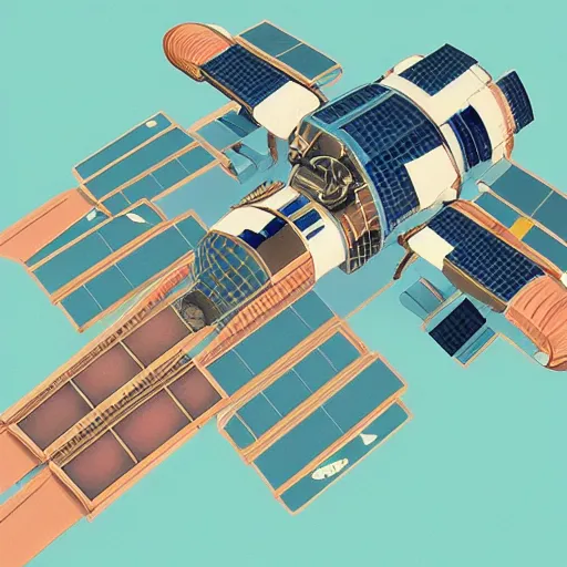Prompt: a stylized space station in the style of syd mead air brush pastel colors