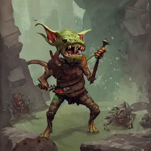 Prompt: crazy goblin with a slingshot, wearing a grenade belt, by Greg Rutkowski, in the style of magic the gathering