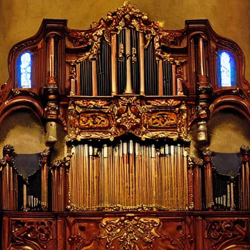 Image similar to tocatta for valheim pipe organ, detailed baroque oil painting