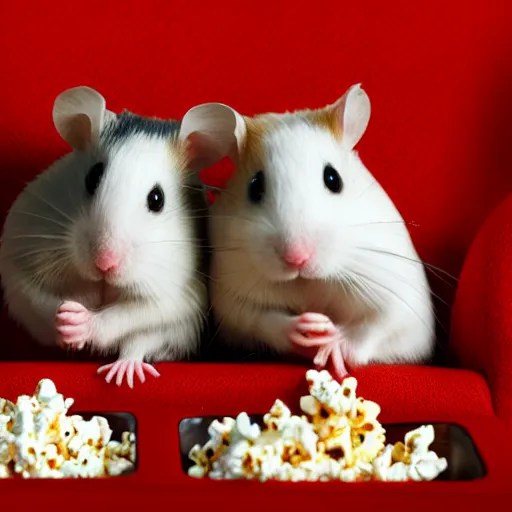 Image similar to photo of two hamsters, holding hands, bucket of popcorn next to them on a cinema seat, various poses, unedited, dim light, sharp focus, 8 k