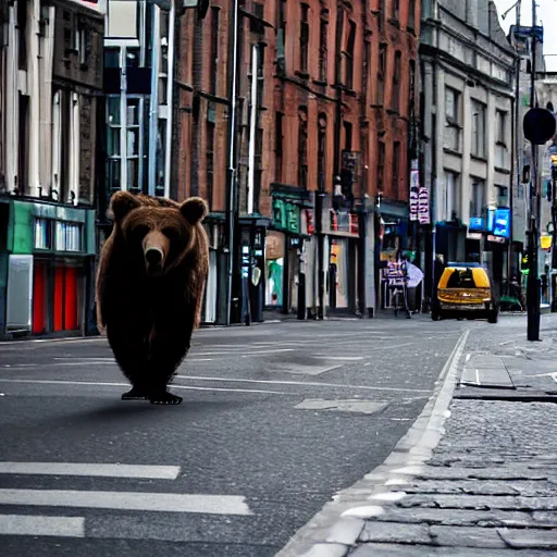 Image similar to brown bear walking down O'Connell street in Dublin, Ireland, hidden camera, photograph, 8k