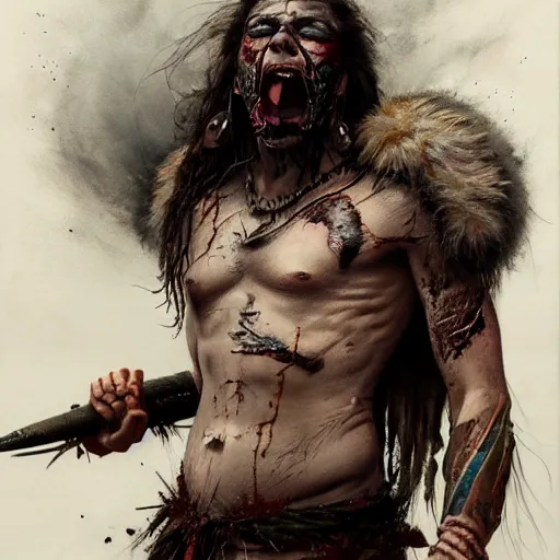 Prompt: Official photo of a majestic fierce barbarian man, leader, scarred, tattoos, war paint, highly detailed, cinematic, 16k, 1080s, by Stanley Artgermm, Tom Bagshaw, Greg Rutkowski, Vincent di Fate, Carne Griffiths, Ayami Kojima, WLOP, trending on DeviantArt, hyper detailed, full of color, digital art,