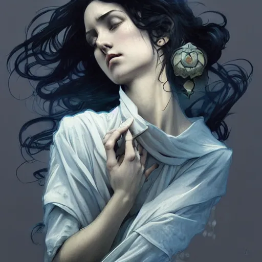 Image similar to Despair is a hue created with swirls of black gouache, hopeless grey, and a daub of cold blue, intricate, highly detailed, digital painting, artstation, concept art, smooth, sharp focus, illustration, Unreal Engine 5, 8K, art by artgerm and greg rutkowski and alphonse mucha