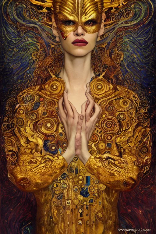 Image similar to Intermittent Chance of Chaos Muse by Karol Bak, Jean Deville, Gustav Klimt, and Vincent Van Gogh, beautiful Surreality portrait, enigma, Loki's Pet Project, destiny, Poe's Angel, fate, inspiration, muse, otherworldly, fractal structures, arcane, ornate gilded medieval icon, third eye, spirals