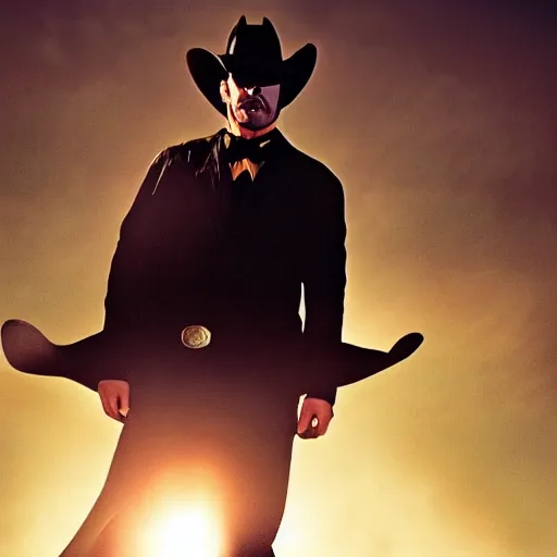 Prompt: batman in a cowboy hat stars in a gunslinger spaghetti western, movie still, dramatic lighting, sunset, vintage film