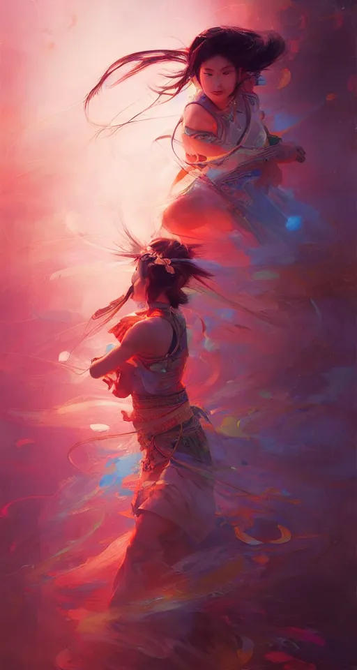 Image similar to beautiful asian ethnic warrior girl, digital illustration by ruan jia on artstation, outlined by whirling illuminated neon lines and fine lines swirling in circles by jesper ejsing and rhads and makoto and shinkai and lois van baarle, digital art, trending on artstation