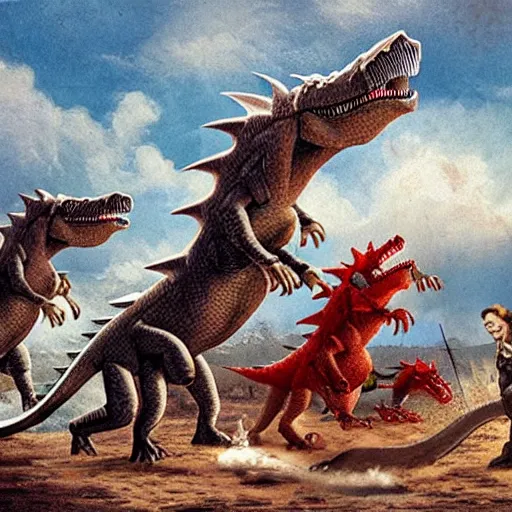 Prompt: dinsosaurs fighting a dragon, GoT style. Historicaly correct