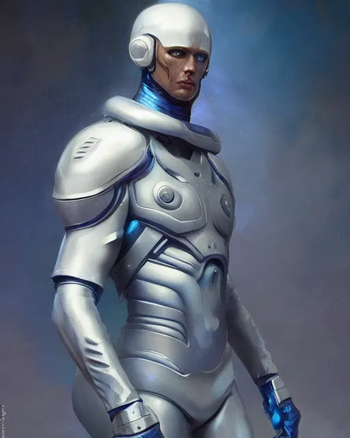 Prompt: iridescent sinewy smooth muscular male sleek glossy bluish white pearlescent scifi armor with smooth white featureless helmet, by greg rutkowski, mark brookes, jim burns, tom bagshaw, magali villeneuve, eve ventrue, trending on artstation