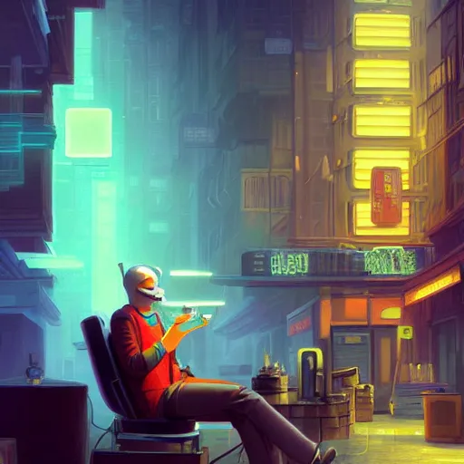 Prompt: An android smoking a cigar in a cyberpunk setting by Evgeny Lushpin, Trending on Artstation, 1980s Computer Graphics