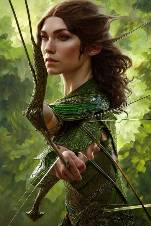 Image similar to male elven Archer armor made of green leaves, fantasy, amber eyes, face, long hair, intricate, elegant, highly detailed, digital painting, artstation, concept art, smooth, sharp focus, illustration, art by artgerm and greg rutkowski and alphonse mucha