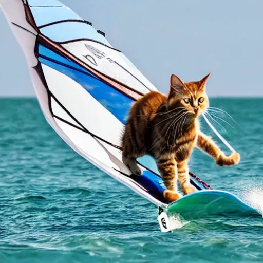 Prompt: A ragdoll cat windsurfing, cool, impressive, skilled, cartoon