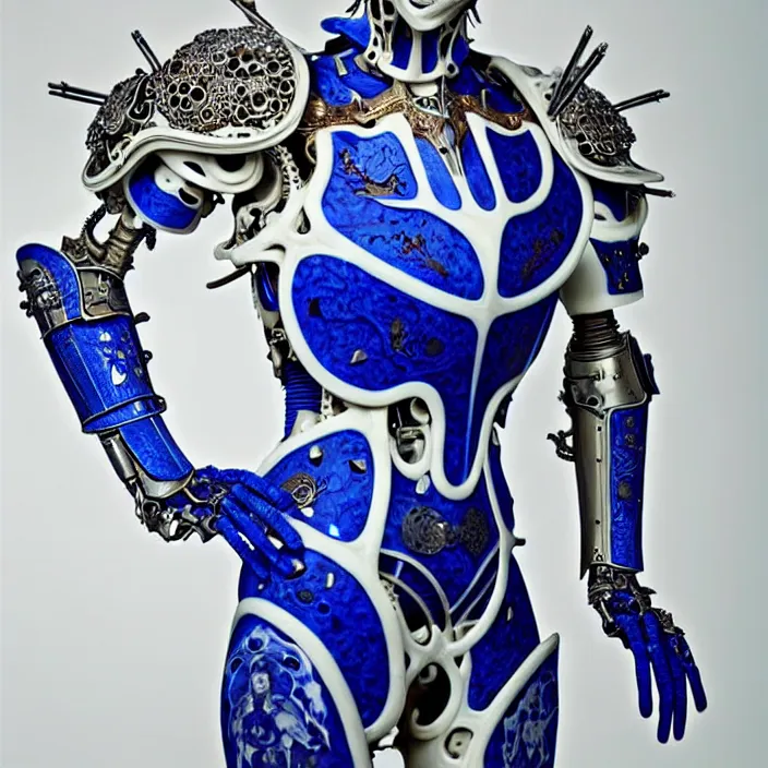 Image similar to bone cyborg armor, chinese blue and white porcelain 1 4 th century, diffuse lighting, fantasy, intricate, elegant, highly detailed, lifelike, photorealistic, digital painting, artstation, illustration, concept art, smooth, sharp focus, art by john collier and albert aublet and krenz cushart and artem demura and alphonse mucha