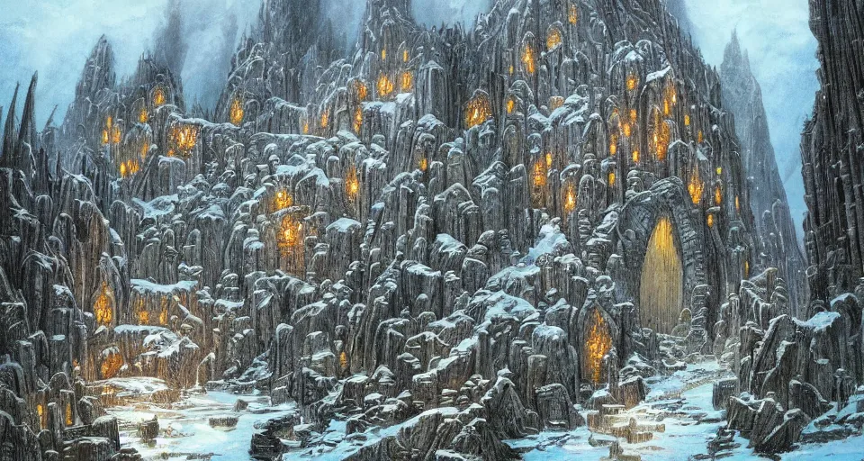 Image similar to Masterfully drawn mspaint art piece of middle-earth's 'Mines of Moria' by James Gurney. Amazing beautiful incredible wow awe-inspiring fantastic masterpiece gorgeous fascinating glorious great.