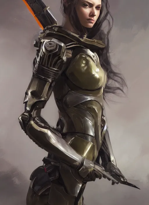 Image similar to a professional painting of a beautiful young female, clothed in military armor, olive skin, long dark hair, beautiful bone structure, symmetrical facial features, intricate, elegant, digital painting, concept art, smooth, sharp focus, illustration, from Metal Gear, by Ruan Jia and Mandy Jurgens and Artgerm and William-Adolphe Bouguerea