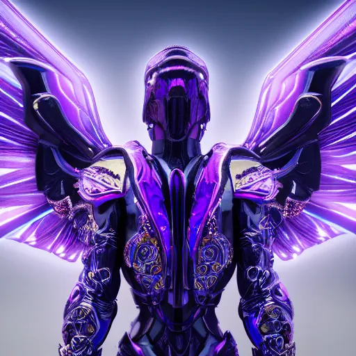 Image similar to a photo of 8k ultra realistic archangel with 6 wings, full body, intricate purple and blue neon armor, ornate, cinematic lighting, trending on artstation, 4k, hyperrealistic, focused, high details, unreal engine 5, cinematic