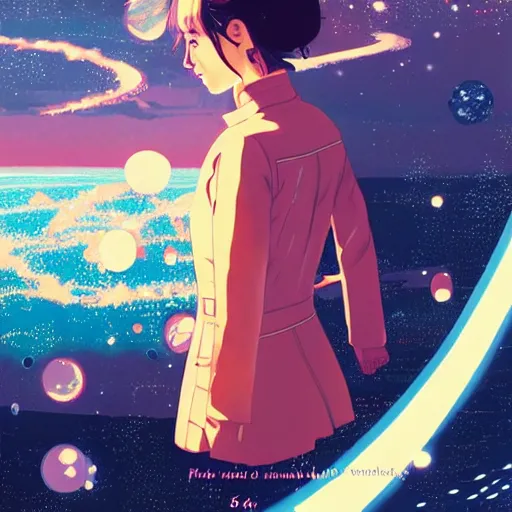 Image similar to emma watson light novel illustration as an astronaut by makoto shinkai by victo ngai