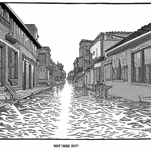 Image similar to water flowing through the streets in old city, sideview, drawing by moebius