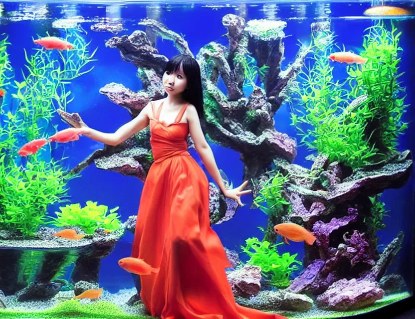 Prompt: southeast asian scifi alchemist in an aquascaped freshwater aquarium, wearing a lovely dress. this oil painting by the award - winning mangaka has an interesting color scheme and impeccable lighting.