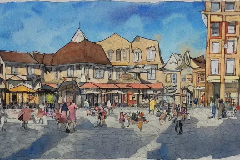 Image similar to !! watercolor!! townsquare in a sunny day, artwork by tooth wu, colorful high contrast,!! very coherent!!, dark shadow, thick lineart