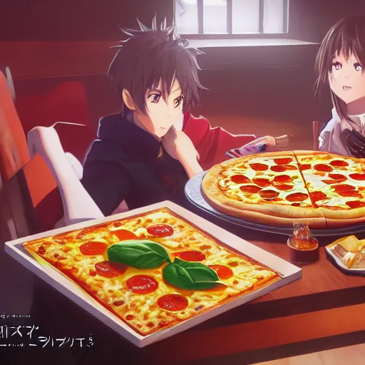 Image similar to pizza with banana topping, anime fantasy illustration by tomoyuki yamasaki, kyoto studio, madhouse, ufotable, square enix, cinematic lighting, trending on artstation