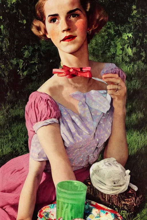 Image similar to photo photorealistic medium shot head and chest portrait photograph Emma Watson picnic 1950s colorful portrait by Norman Rockwell, Cecil Beaton, Lee Miller, Irving Penn, David Bailey, Corinne Day, Patrick Demarchelier, Nick Knight, Herb Ritts, Mario Testino, Tim Walker, Bruce Weber, Edward Steichen, Peter Lindbergh, Albert Watson