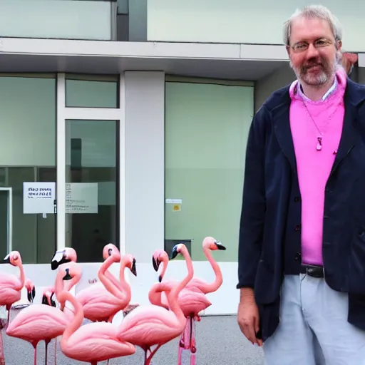 Prompt: swedish medical professor standing in front of hospital entrance with 10 pink flamingo walking by