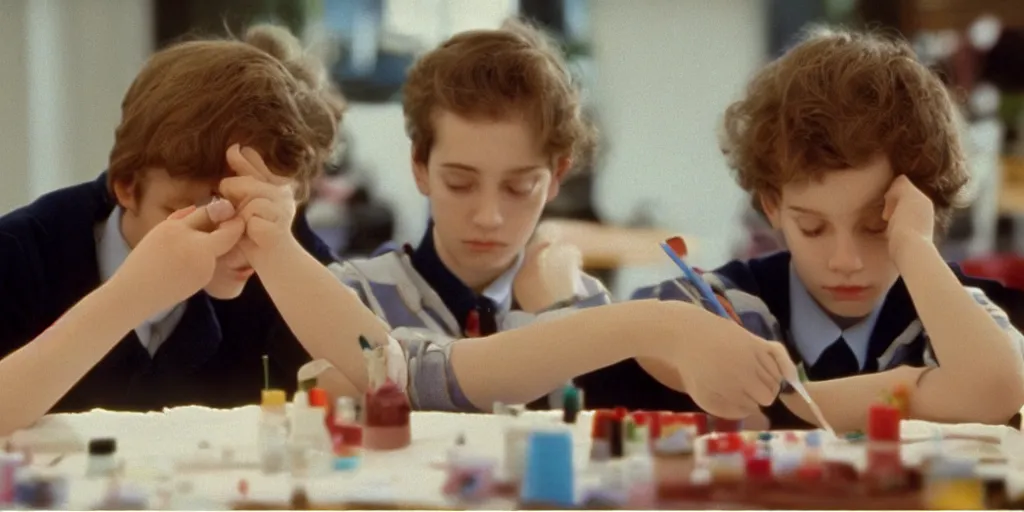 Image similar to screenshot of a scene at a private school where a senator's son paints his nails alone, 1990s psychological thriller by Stanely Kubrick film, color, anamorphic lenses, detailed, sunlit windows, moody cinematography