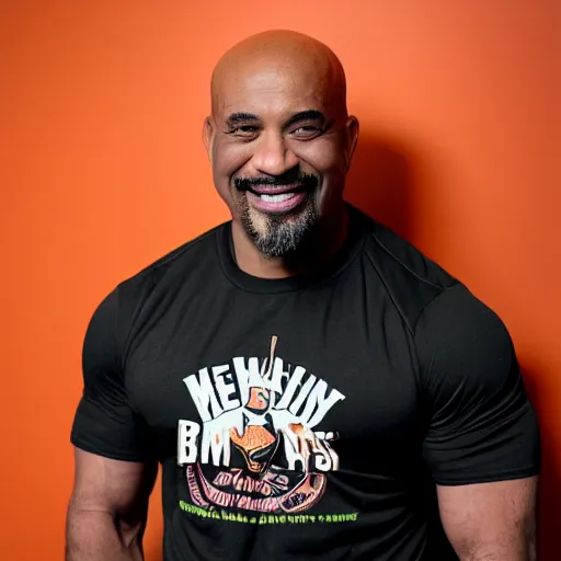 Prompt: a muscular bald middle aged black man with a goatee in an orange gym shirt, high quality portrait