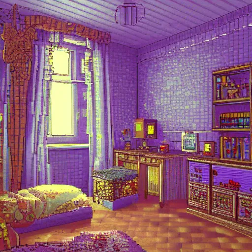 Image similar to view from corner looking into a 9 0 s bedroom, beautiful detailed pixel art, intricate details, beautiful, dithered gradients, volumetric lighting, 3 d illustration, old school computer game graphics, crpg, d & d, pixel art