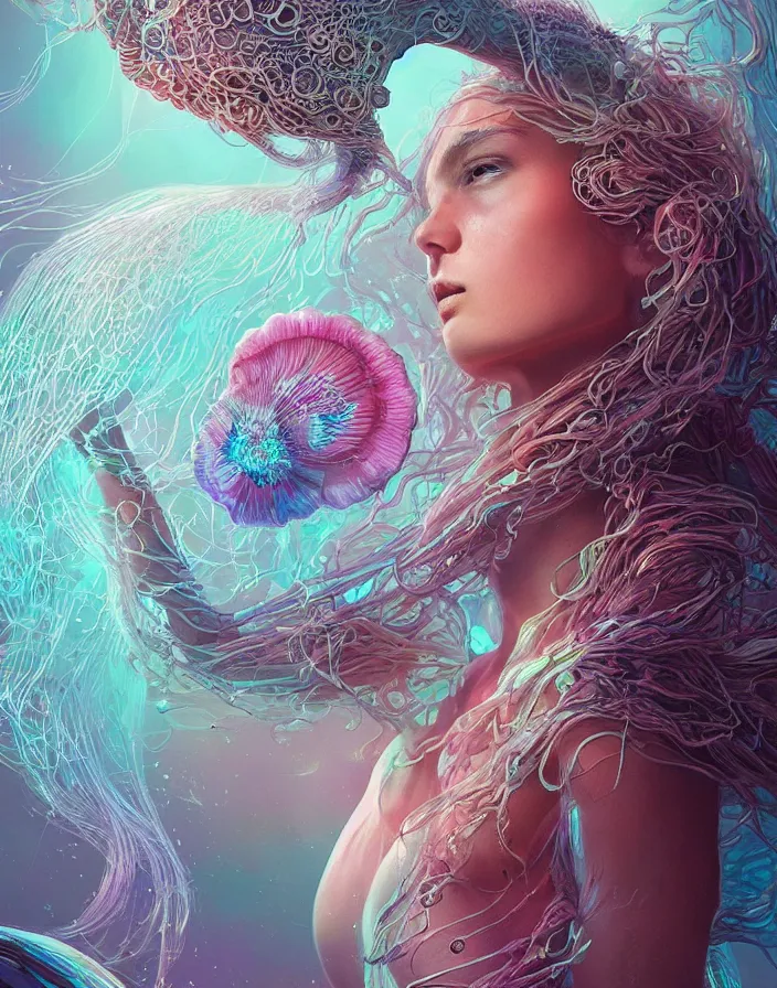 Image similar to goddess portrait. jellyfish orchid phoenix head. intricate artwork by Tooth Wu and wlop and beeple and dan mumford. octane render, trending on artstation, greg rutkowski very coherent symmetrical artwork. cinematic, hyper realism, high detail, octane render, 8k, depth of field, bokeh