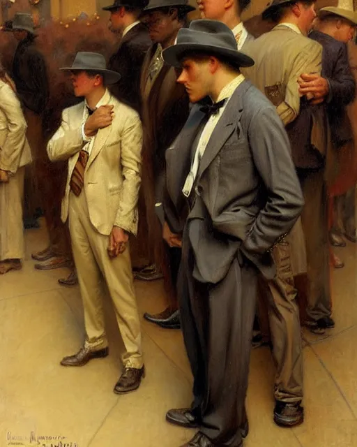 Image similar to attractive man waiting in line to audition for a hollywood movie, paramount movie lot 1 9 2 8 melancholy, nostalgia, painting by gaston bussiere, craig mullins, j. c. leyendecker