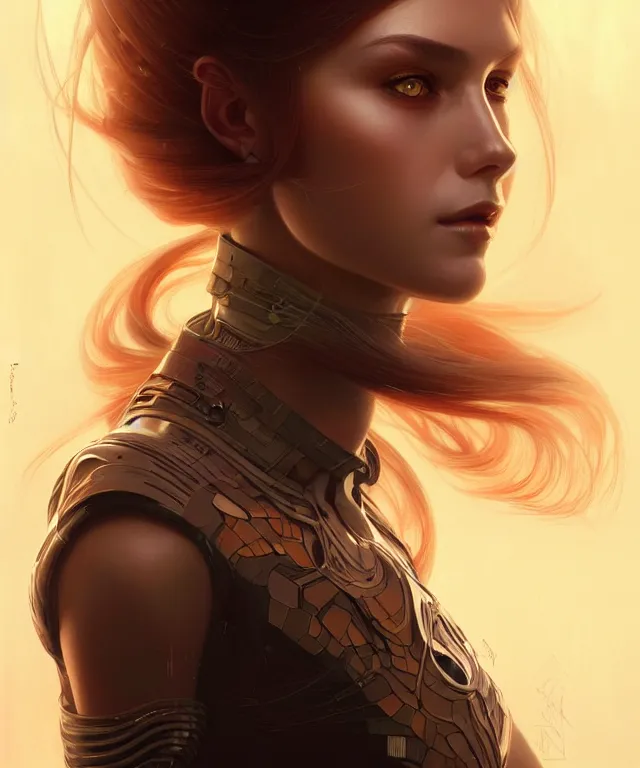 Image similar to futuristic young woman portrait, sci-fi, amber eyes, face, long hair, fantasy, intricate, elegant, highly detailed, digital painting, artstation, concept art, smooth, sharp focus, illustration, art by artgerm and greg rutkowski and alphonse mucha