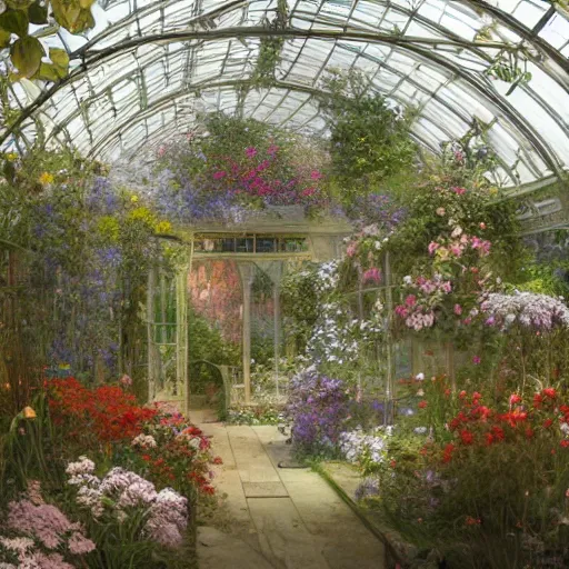 Image similar to a beautifull intricate greenhouse with many flowers, reflexions, verry high details by william turner art, greg rutkowski and alphonse mucha, trending on artstation, very very detailed, masterpiece, - h 1 2 8 0 - w 6 4 0