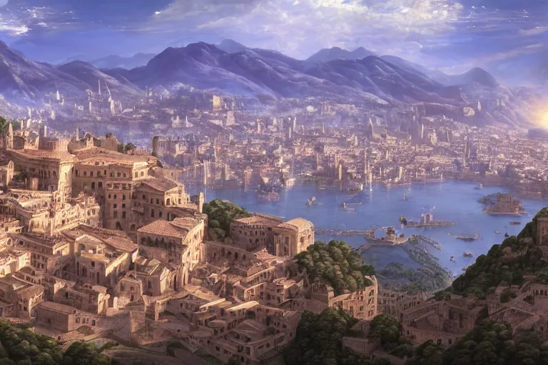 Image similar to an ultra detailed matte landscape painting of an italian renaissance capital city built on top of a large hill sweeping vista, italian renaissance architecture, ultrawide lense, aerial photography, 8 k, volumetric lighting, smooth, highly detailed, digital illustration, art by greg rutkowski and akira toriyama and artgerm