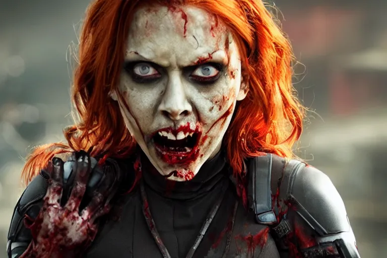 Image similar to film still of zombie zombie Black Widow as a zombie in new avengers movie, 4k