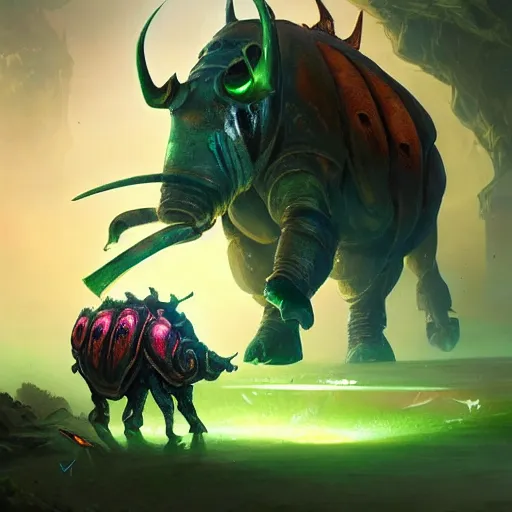 Image similar to a giant glowing rhino beetle, horned beetle, horned beetle, green theme, bright art masterpiece artstation. 8 k, sharp high quality artwork in style of jose daniel cabrera pena and greg rutkowski, concept art by tooth wu, blizzard warcraft artwork, hearthstone card game artwork, horned beetle