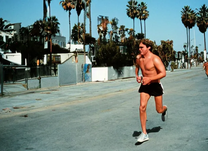 Image similar to color photo. handsome man jogging in the 8 0's. venice beach