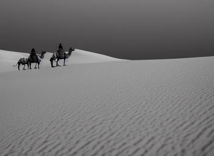 Prompt: a 2 8 mm macro tilt shift view of a camel caravan crossing sand dunes in the desert with the afternoon sun, photography, film, film grain, canon 5 0 mm, cinematic lighting, golden hour, sandstorm,