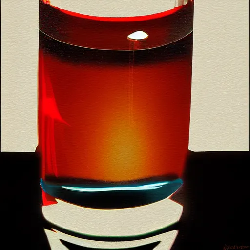 Prompt: photorealistic digital painting of a glass of cherry soda, very dim red lights, very dim blue lights, very dark room, dark background