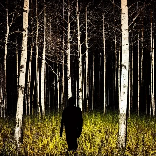 Prompt: a dark creepy man with bright eyes hiding behind a tree in the woods at night staring