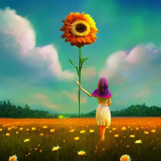 Image similar to giant daisy flower as a head, girl walking in flower field, surreal photography, moon light, dramatic, impressionist painting, colorful clouds, digital painting, artstation, simon stalenhag