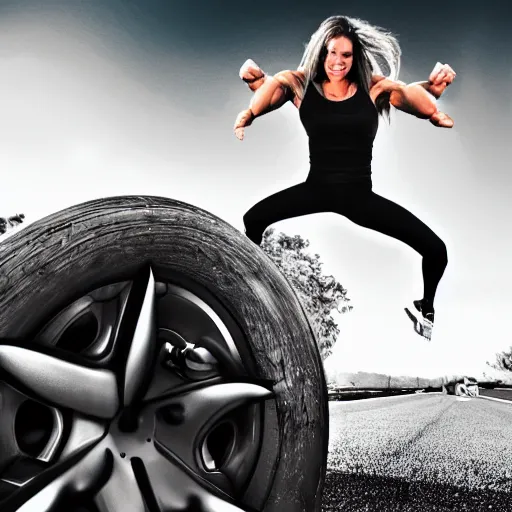 Prompt: car jump, bodybuilder, woman, holding, road, photo, digital art, hands, underbody, tire, throw,