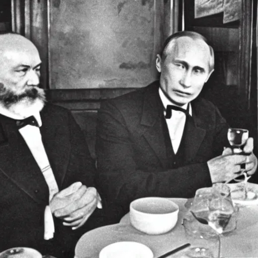 Image similar to karl marx and vladimir putin discussing communism, photo 1960, restaurant background