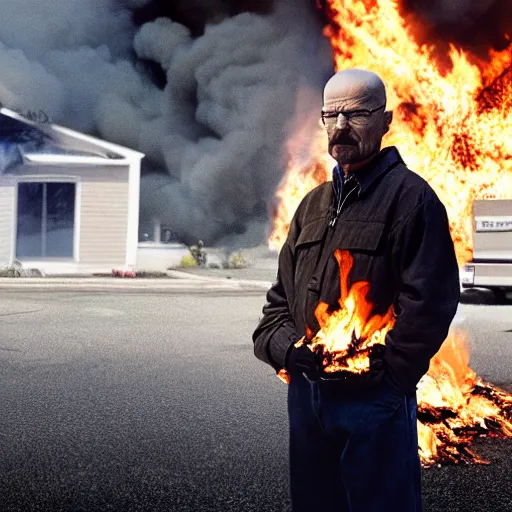 Image similar to a photo of walter white standing in front of a building on fire, highly detailed, 4 k