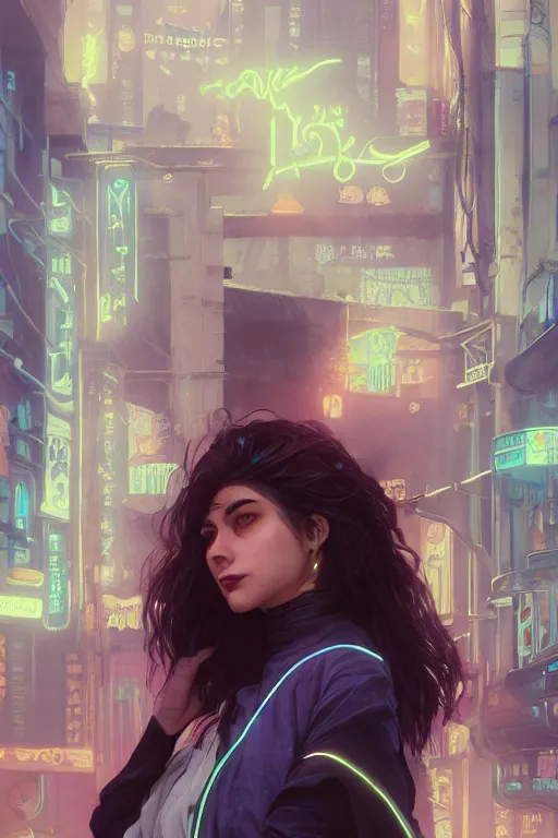 Prompt: portrait, vampire of clan banu haqim, light brown skin, night, long light blue hair, beautiful, in a cyberpunk city, neon signs, jewelry, alphonse mucha, william bouguereau, rossdraws, greg rutkowski, super detailed, realistic, octane render, volumetric, cinematic, 8 k