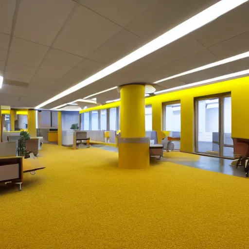 Prompt: office building interior, musty yellow carpet, yellow wallpaper, buzzing lights
